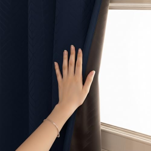 Image of HOMEMONDE 100% True Blackout Curtains 7 Feet Door - Pack of 2 Curtains, Embossed Panels Light Block Thermal Insulated & Noise Reducing Top Style Rod Pocket Curtains (Navy Blue, 84Inch)
