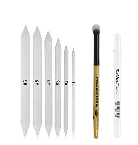 Definite White Paper Stump/Art Blender/Tortillons to Smudge or Blend Charcoal, Crayon & Graphite (with Smudger Brush & White Highlight Pen)