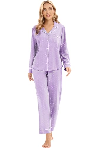 Image of LUBOT 100% Cotton Pajamas for Women Pajama Set Soft 2 Piece Sleepwear PJ Set Long Sleeve Knit Button Cozy Loungewear XS-XXL