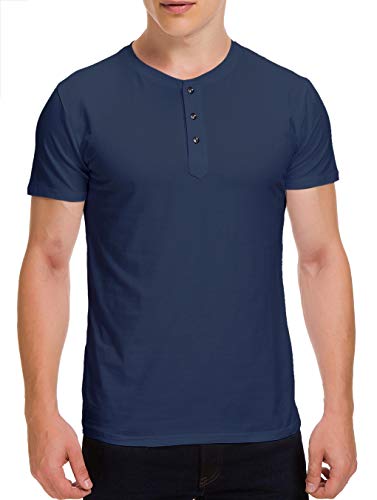 Boisouey Men's Casual Slim Fit Short Sleeve Henley T-Shirts Cotton Shirts Navyblue S