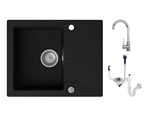 GRANMASTER Caro Granitspüle mit Armatur 1 Becken mit Siphon in 3 Farben - Spülbecken Arbeitsplatte Küche Waschbecken mit Wasserhahn - 59,5 x 47,5 x 17,2 cm Spüle mit Abtropffläche in Schwarz Metallic Cover