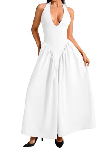 Image of ChiaoLezhee Deep V Neck Dress, Halter Maxi Dresses, Vacation Date Night, Sexy for Women Corset Flowy Wedding Guest Drop Waist