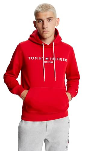 Image of TOMMY HILFIGER Men's Iconic Fleece Embroidered Tommy Logo Pullover Hoodie Sweatshirt Collection 2024, Medium, Black, Primary Red, M