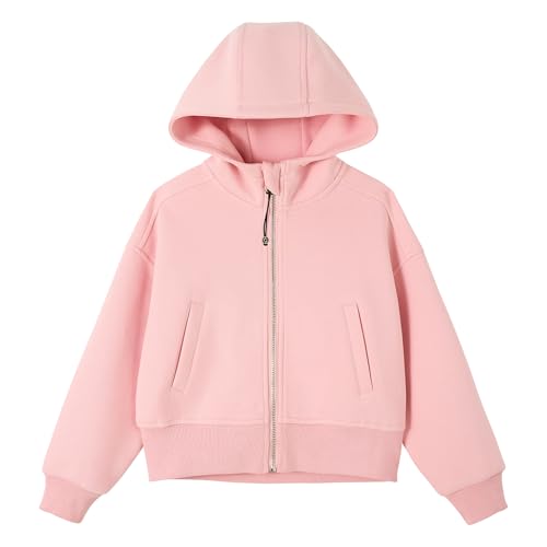 Rolanko Girls Cropped Zip Up Hoodie, Cozy Long Sleeve Hooded Jacket Casual Sweatshirt Tops with Pockets for Teen Kids, Pink, 11-12 Years, 160