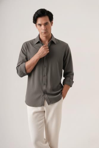 Image of CRYSTAL SKY Men Airy Linen Cotton Shirt Regular Fit Full Sleeves Solid Formal Shirt Stylish Daily Casual Office Wear