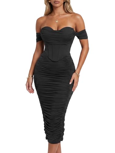 CurvySweet Women's Off The Shoulder Midi Dress Built-in Bra Ruched Corset Bodycon Spring Formal Cocktail Party Dresses Black