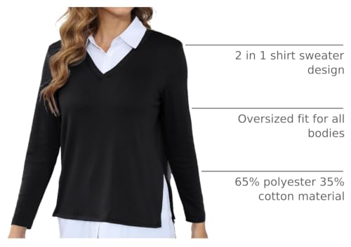 Image of Vldnery Womens Fall Winter Sweater 2025 Trendy Clothes Oversized V Neck Long Sleeve Shirts 2 in 1 Outfit Casual Pullover Tops