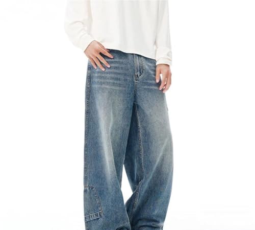 Men Solid Color Washed Straight Denim Pants High Waisted Loose Casual Trousers with Pocket3