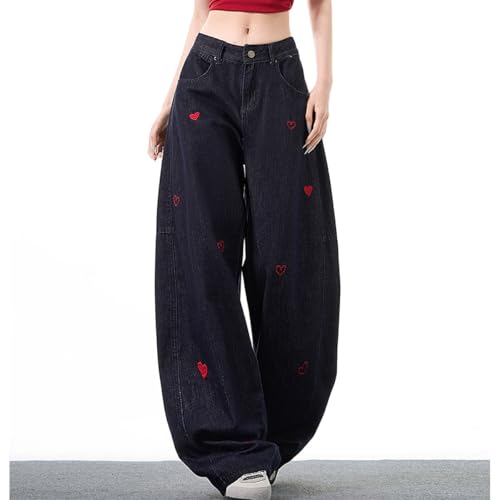 Women's Cute Casual High Waisted Wide Leg Jeans Y2K Vintage Kawaii Heart Embroidered Baggy Denim Pants3