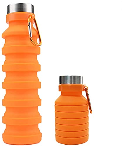 Image of we3 Collapsible Water Bottle, 550ml Reusable Silicone Light Water Bottles for Travel Outdoor Portable Leakproof Drinking Bottles with Carabiner (Orange, Pack of 1)