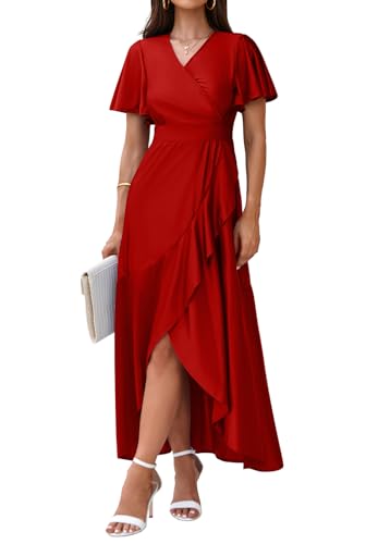 Image of Memoriesea Women's Elegant V Neck Ruffle Sleeve Wrap Bodycon Cocktail Maxi Dress Red