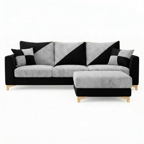 Image of Juliet 4 Seater L Shape Sofa Set with Movable Ottomans | Flexible Layout | Rich Velvet Suede Fabric | Silver Legs | Dual Tone Modern Sofa for Living Room (Black-Light Grey)