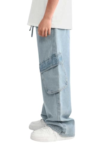 Verdusa Calça jeans cargo solta com cordão na cintura e bolso com aba, Lavagem média, 12 Anos
