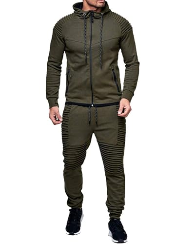 QUNERY Conjunto Deporte Hombre 10 Piezas Sudadera Cremallera y Pantalones Deportivos Chandal Hombre Completo Otoño Invierno para Fútbol Baloncesto Tenis Jogging Verde Militar M