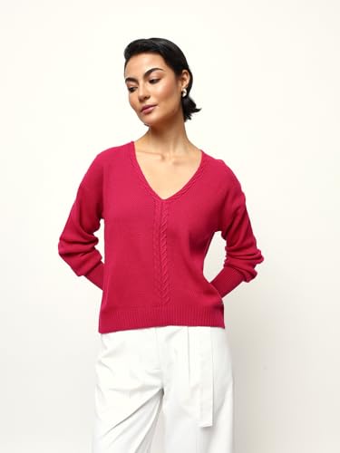 Image of High Star Women Knitted Acrylic Relaxed Fit V Neck Long Sleeve Sweaters