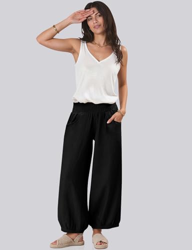 TARSE Womens Linen Wide Leg Pants Casual Loose Elastic Waisted Barrel Beach Palazzo Pants with Pockets4