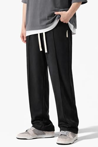 Image of CREVIO Men Wide Leg Loose Fit Trousers with Elastic Waist & Drawstring for Men - Korean Style Relaxed Straight Casual Pants, Comfortable Lounge Travel Streetwear Bottoms