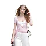 Chaqueta Ballet Niña Tops Cortos Cruzados con Lazo for Mujer, Camisetas de Manga Corta con Escote en V Profundo, de Color Liso, Ajustadas, for Entrenamiento de Yoga.(Pink,S)