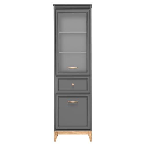 AXLIVING Vitrine nymphe Gris foncé étroite Verre 2 Portes 1 tiroir MDF Pieds chêne