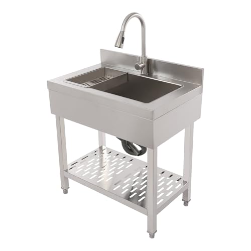 Lavando in acciaio inossidabile a libera installazione, lavello singolo lavello da cucina rettangolare con piedistallo, lavello mobile per cucina, garage, esterno (Argento, 70x50x90 cm)