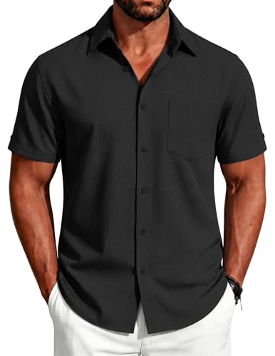 Image of COOFANDY Men's Button Down Shirts Short Sleeve Casual Shirts Summer Beach Linen Shirts with Pocket