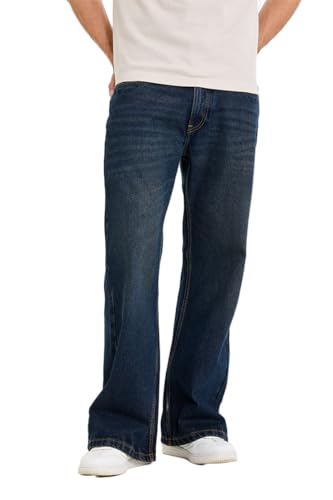 Image of SNITCH Men Flared Fit Jeans | Mid Rise Stone-Washed Denim with Raw Frayed Hem & 5-Pocket Design | 100% Cotton Woven Fabric for Casual & Everyday Wear