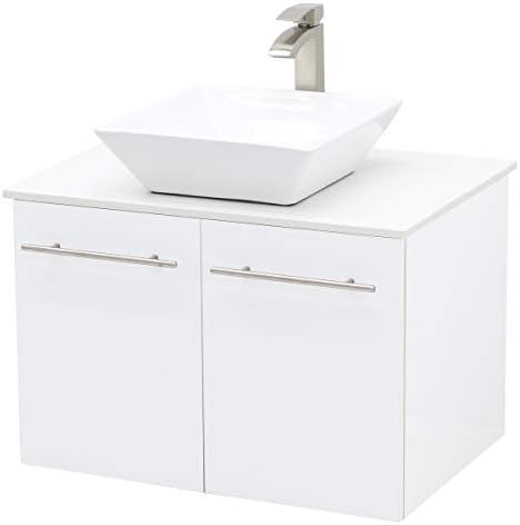 WINDBAY Wall Mount Floating Bathroom Vanity Sink Set, White Embossed Texture Vanity, White Flat Stone Countertop Ceramic Sink - 24"