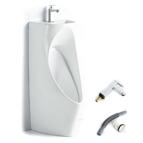 洗面台と蛇口付きセラミック小便器、男性用トイレ小便器、手動蛇口と排水パイプ付き、床置き・壁掛け両用、ホワイト