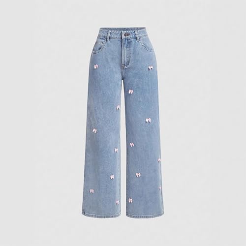 Oplxuo Straight Leg Jeans for Women Teen Girls Cute 3D Bows Denim Pants Y2K High Waisted Baggy Jeans Pockets Preppy Clothes2