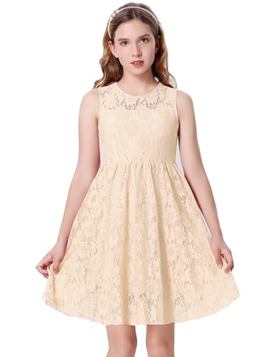Mebius Girls Lace Dress Wedding Flower Girl Dresses Floral Flowy Sleeveless Crew Neck A-line Party Elegant Kid for 6-12Y3