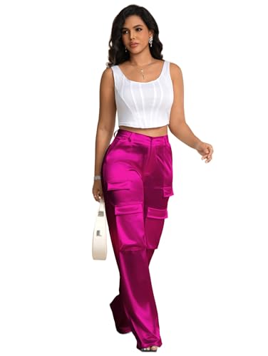 Aressdom Metallic Satin Cargo Oversized Pants for Women Tall Plus Size Dressy Concert Dinner Outfits, Hot Pink, 2XL
