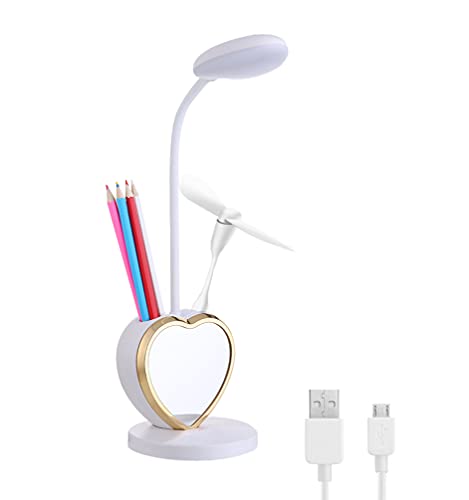 White Desk Lamp for Girls, 5 in 1 Cute Desk Lamp with Pencil Holder, Detachable Mirror, Mini Fan, Phone Holder, USB Charging Port, Eye-Caring Study Table Lamp for Teens Girls Women Dorm Reading