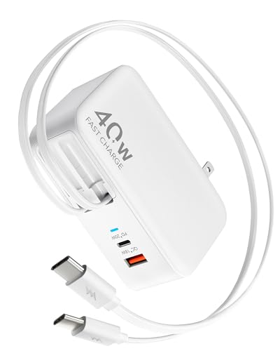 Retractable USB C Charger Wall Plug with 35.5in/90cm Type C Cables Cords 40W Fast Charging Foldable Block Multi Charger for All Devices for iPhone 17/16/15/14/13/12 iPad Galaxy Pixel