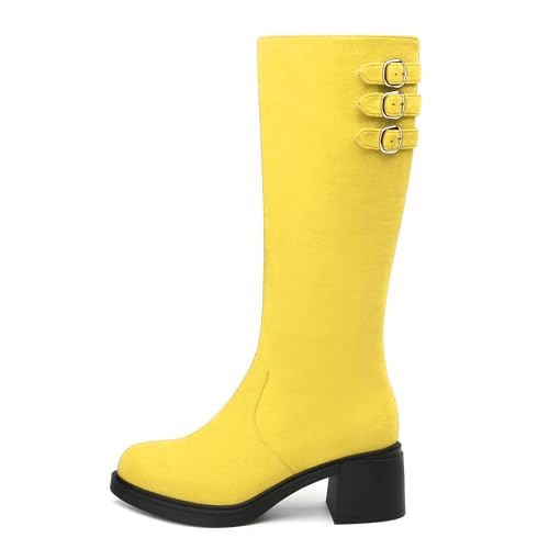 Women's Round Toe Handmade Back Zip Comfort Low Heel Knee High Boots with Buckle,Women Shoes for Workpalce, Street and Banquet.2