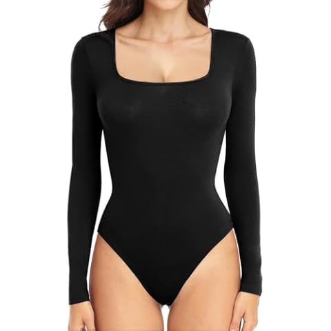 Amstt Women's Long Sleeve Square Neck Sexy Bodysuit Suit Tops (Long Sleeve Black, Large) Cover