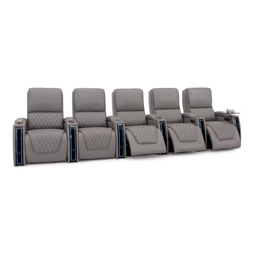 Image of Seatcraft Apex Home Theater Seating Gray Row of 4 Sofa | Italian Leather, Wall Hugger, Zero Gravity, Powered Headrest & Lumbar, Power Recline, Zero Gap