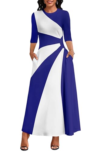 Image of Runwind Maxi Dress for Women with Ruched Waist - Semi-Formal 3 /4 Sleeve Crew Neck Long Dresses for Wedding Guest & Church