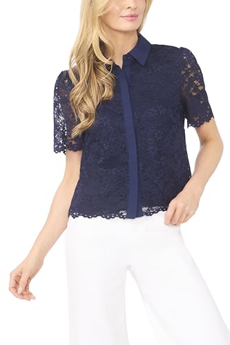 Amazon.com: Short Sleeve Lace Hidden Placket Blouse Classic Navy