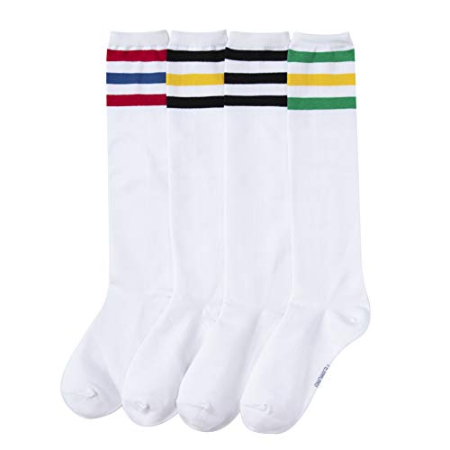 YEJIMONG Knee High Socks for Women – 4 Pairs Solid & Striped Color Cotton Long Socks, Size 6-102