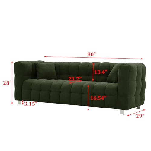 Image of Dolonm Modern Sofa Couch with Metal Legs Upholstered Tufted 3 Seater Couch with 2 Pillows Decor Furniture for Living Room, Bedroom, Office, 80 Inch Wide(Green-Teddy)