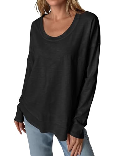 Tankaneo Womens Oversized Scoop Neck Long Sleeve Shirts Casual Loose Fit Tunic Tops Fall Basic Tees