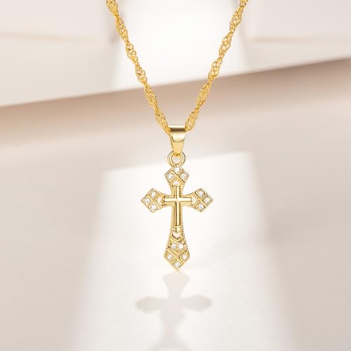 Gold Cross Necklace 14K Gold Cross Necklace for Women Crosses Pendant Necklaces for Women Double-Layered Design with Zirconia Crosses Chain for Womens 43+5cm4