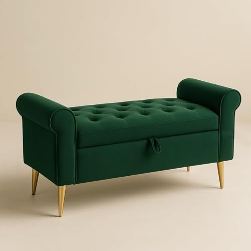 Image of Upholstered Storage Bench, Sofa Bench, Sofa couches, Ottoman Bench 2 Seater Sofa Chaise Lounger Pouffe for Living Room, Bedroom, Office | (Forest Green)