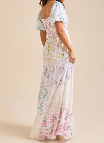 Womens Boho Floral Patchwork Maxi Dress Square Neck Smocked Puff Sleeve Lace Dresses Daytime Outfits2