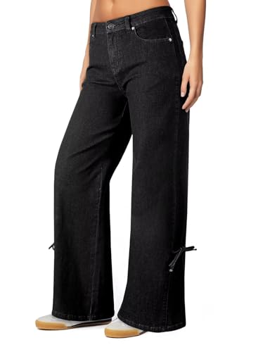 Astylish Women's Cotton High-Waisted Wide-Leg Jeans with Tie-Side Detail Fashion Fall Western Casual Pants2