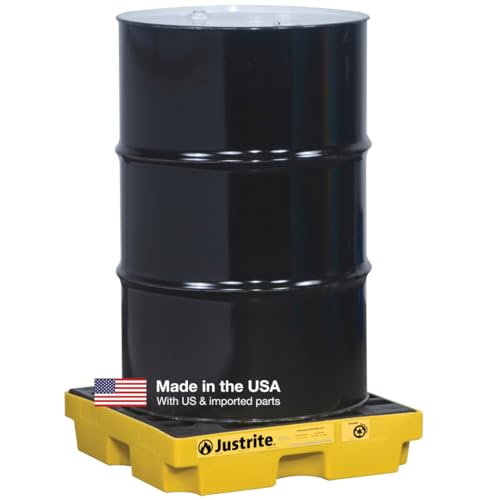 Justrite Low Profile 1 Drum Spill Containment Pallet Accumulation Center - 5.5" Tall - 12 Gal Capacity for 55 Gallon Drum Containment - Made in The USA from 30% Recycled Polyethylene - Yellow - 28652