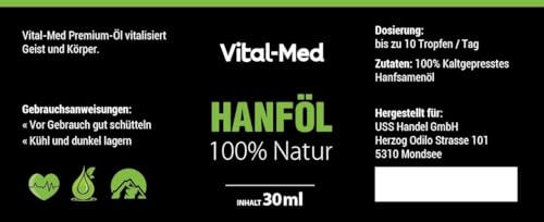Vital-Med hochdosiertes Hanföl mit 30ML (750 Tropfen) und 25mg pro Tropfen - Premium Vital Hanfsamenöl - 100% Natur - Hanftropfen mit Omega 3-6-9 (Natur)