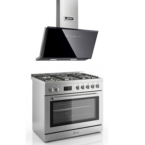 Gurari GCH E 818 X Acero Inoxidable Gas Eléctrico Estufa de pie 90 cm 126 L Gas Gas 4 Kw WOK, autolimpieza + AT 9430 F Campana extractora 90 cm