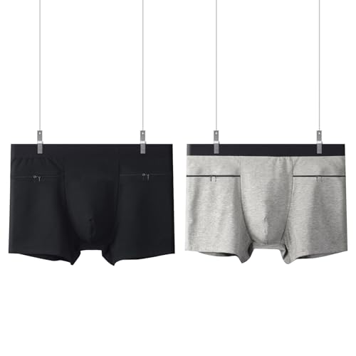 2 Pack Pocket Underwear for Men, Men's Boxer Briefs with two Stash Secret Pockets. (Grey, Black)
