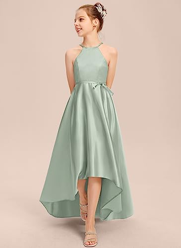 Junior Bridesmaid Dress, Flower Girl Dresses, Formal Dress for Teen Girls A-line Halter Asymmetrical Satin3